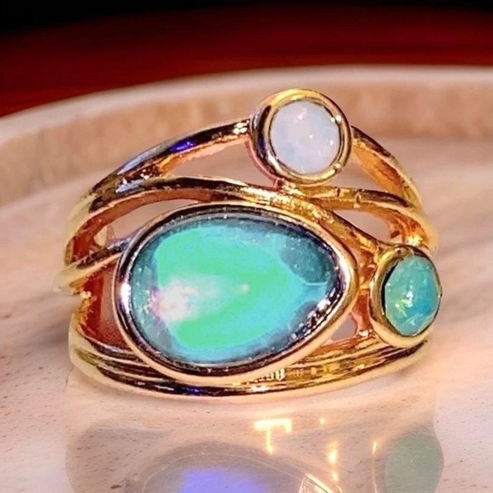 New Sz 7 Gold Moonstone Wrap Stone Clear Turqoise Opal Cluster Ring Cocktail